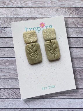 Glitter Gold Embossed Leaf Dangle Polymer Clay Earrings